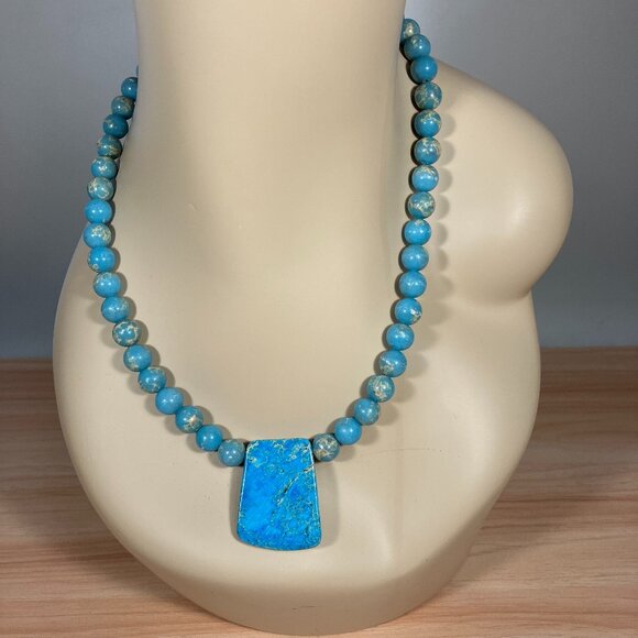 Handcrafted Natural Turquoise Blue Sea Sediment Jasper Necklace - 19